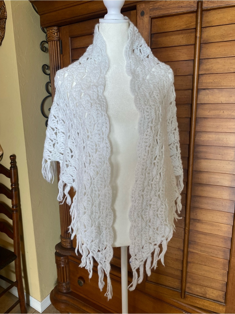 Handmade White Crochet Fringe Shawl